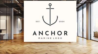 anchor steel line art logo vector minimalist illustration design, metal anchor with sun nature symbol design Wall mural