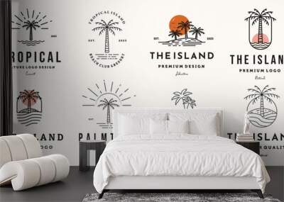 set of the island palm tree logo line art vintage vector illustration concept template icon design, collection of coconut tree of beach wave and sunset view concept vector illustration logo design Wall mural