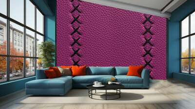 Bovine coarse-grained leather background with decorative stitch on top of the stitch. Bright purple leather texture, closely sewn with black threads in a vertical cross stripe. 3D-rendering Wall mural