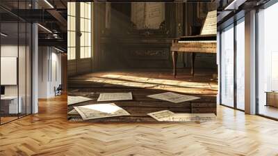 Baroque Musician's Haven Elegant Rehearsal Space with Harpsichord Sheet Music and Blank Business Cards Wall mural