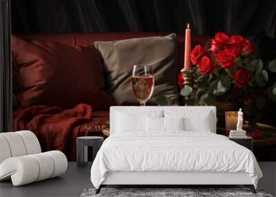 Intimate Bliss: Captivating Couple Embracing Love on a Luxurious Sofa, Savoring Drinks and Roses Wall mural