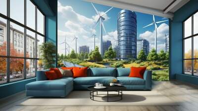 Renewable Revolution: Futuristic Eco Skyscraper Harnessing Solar Power and Wind Energy for Sustainable Urban Living Wall mural