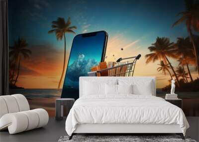 Sunset Serenade: Vibrant Tropical Online Shopping - Captivating Smartphone Interface with a Mesmerizing Sunset Background Wall mural