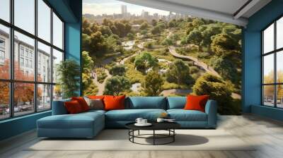 Urban Oasis: Serene Cityscape with Lush Green Belt, Tranquil Walking Paths, and Contemporary Sculptures - Embracing Nature and Modernity in Perfect Harmony Wall mural