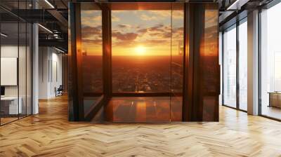 urban symphony: captivating sunset view from glass elevator in skyscraper - embrace the city's majes Wall mural