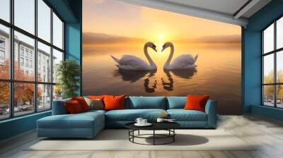 2 Majestic white swans facing each other shaping a heart as swimming in the glassy waters at the lake in front of a stunning orange sunset Wall mural