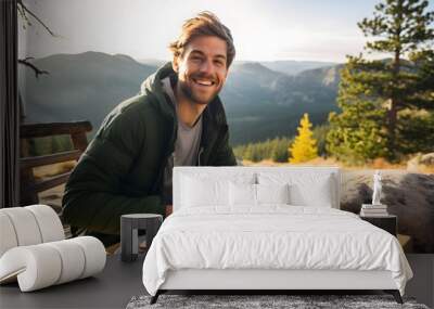 A handsome man having Home fries, American breakfast, and coffee, on table, by the lake in the morning Wall mural