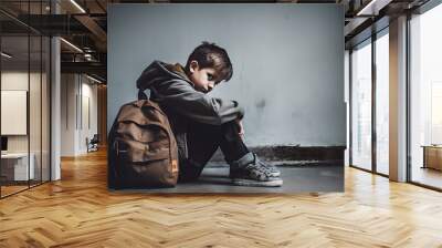 A sad young boy sitting alone on floor with his arms crossed against wall. Sad schoolboy sitting on floor with her head on her arms crossed Wall mural