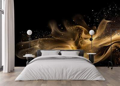 Abstract gold dust glitter elegant background. Shiny golden moving lines design element on dark background Wall mural