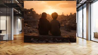 Back view of two children in dirty clothes sitting in the middle of destroyed city after the war Wall mural