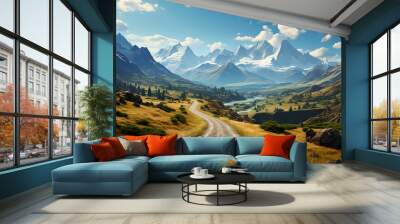 Beautiful mountain range with straight road highway. A long straight road leading towards a snow capped mountain Wall mural