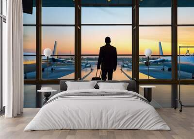 Businessman looking out through window at airplanes, Silhouette of businessman walking in front of the window in airport Wall mural