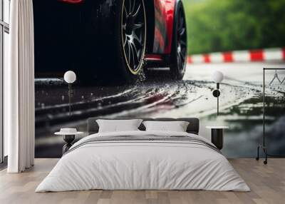 Close-up of a Performance Car's Wheels on a Wet Track, Dynamic Driving Experience, Racing Precision and Speed Concept Wall mural