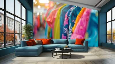 Close-up of colorful summer clothes on a rack in a store, vibrant patterns and bright hues, lively shopping atmosphere Wall mural