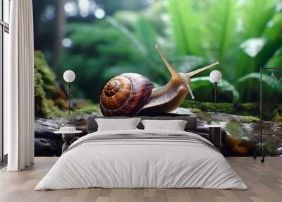 Close up photo of a snail in nature. macro photo of small snail at a tree branch Wall mural