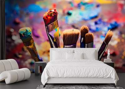 Colorful paint brush splashes on canvas. Row of artist paintbrushes closeup on artistic canvas Wall mural