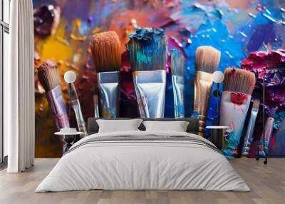 Colorful paint brush splashes on canvas. Row of artist paintbrushes closeup on artistic canvas Wall mural