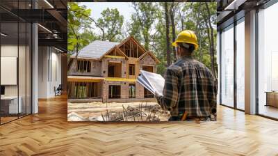 Construction worker with yellow hard hat reviewing blueprints in front of a brick house under construction, surrounded by forested area Wall mural