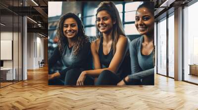 Diverse group of confident young women in sportwear happy and smiling at gym, Groups of multi-ethnic friends training together in the gym Wall mural