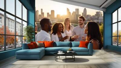 Diverse Group of Young Professionals Enjoying a Casual Rooftop Party at Sunset, Urban Socializing Concept Wall mural