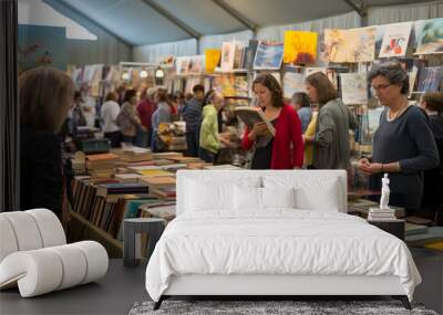 Diverse people reading book while standing at literary arts festival Wall mural