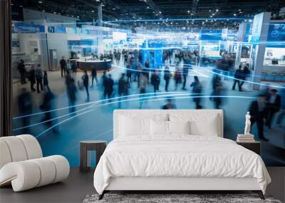 Dynamic trade show floor with motion blur of attendees, highlighting the vibrant energy of industry events Wall mural