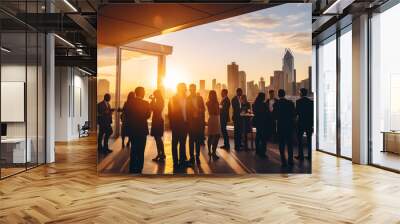 Elegant Evening Networking Event on Rooftop Terrace with City Skyline at Sunset, Corporate Social Gathering Concept Wall mural