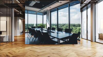 Empty cleaned meeting room with a beautiful clear light view from the window, beautiful corner conference room with sky view Wall mural