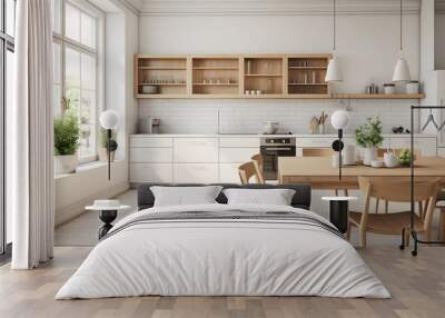 Empty minimalist kitchen with scandinavian style with wooden and white details, luxury kitchen interior in white tone Wall mural