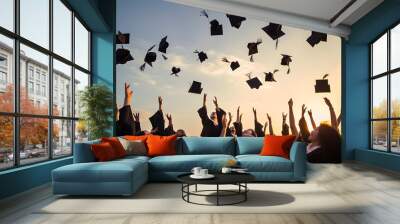 Group of cheerful student throwing graduation hats in the air celebrating, education concept with students celebrate success with hats and certificates Wall mural