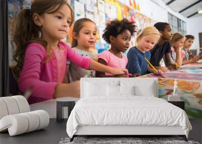 Group of diverse children in art class painting picture. Happy school kids are doing creative project in classroom Wall mural