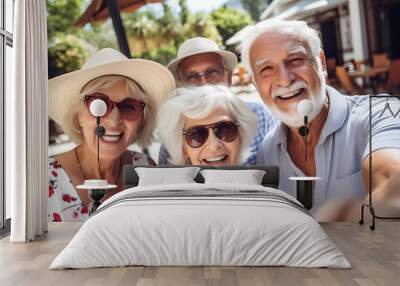 Group of happy senior people taking selfie pic with smartphone and smiling at camera, older friends having fun together Wall mural