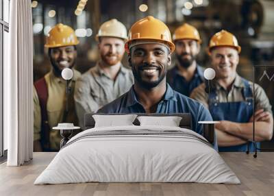 Group of industrial workers standing confident at industrial factory wearing safety vest and hardhat smiling on camera Wall mural