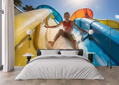 Happy boy going down the water slide in the water park, joyful children having fun splashing into pool after going down water slide Wall mural