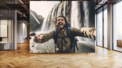 Happy handsome man with backpack taking selfie picture on front of waterfall, Hiker man during travel vacations enjoy swim under the stunning waterfall with wild nature Wall mural