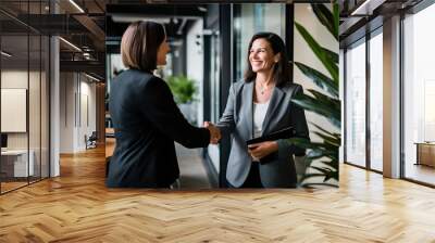 Happy middle aged business woman meets its client and shakes hands in a modern office. Smiling female executive manager shaking hands with client before meeting in start up office Wall mural