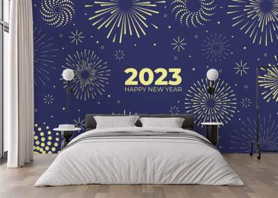 Happy new year 2023. Elegant fireworks vector illustration on blue background . Concept for holiday decor, card, poster, banner, flyer Wall mural