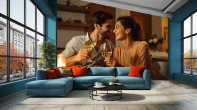 Happy young couple having dinner at home, romantic marriage man and woman celebrating wedding anniversary in kitchen at home Wall mural