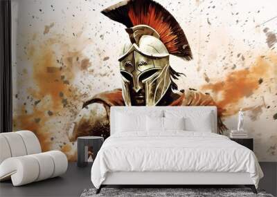 illustration of spartan king demigod in golden armor and helmet, holding spear and shield with grunge background. Spartan soldier illustration with helmet and battlefield in background Wall mural