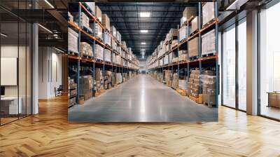 Organized modern warehouse interior showcases efficiency in logistics and supply chain management Wall mural