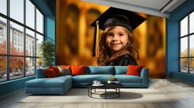 Portrait of cute child girl in academic gown and cap in graduation day. Beautiful little curly elementary school graduate girl wearing graduation gown in school Wall mural