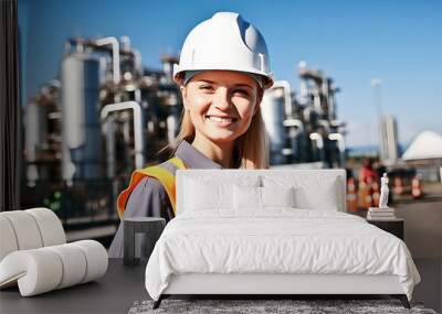 Portrait of happy female engineer at oil refinery, woman engineer inspecting in industrial oil refinery wearing construction helmet and orange vest Wall mural