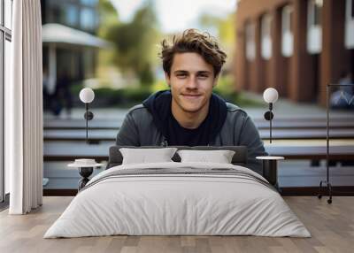 Portrait of young handsome man with curly hair sitting in the university. Attractive college student smiling and looking at camera Wall mural