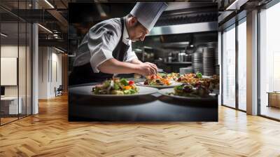 Professional chef cooking in a restaurant kitchen, man chef concentrated while preparing food in the kitchen at restaurant Wall mural