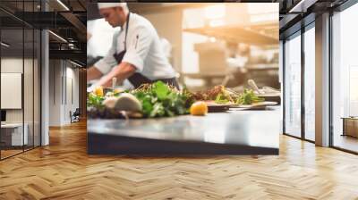 Professional Chefs Preparing Gourmet Salads in Commercial Kitchen Wall mural