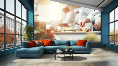 Professional Chefs Preparing Gourmet Salads in Commercial Kitchen Wall mural