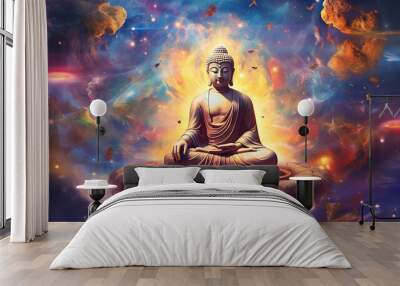 Spiritual background for meditation with buddha statue with galaxy universe background. Meditation on outer space background with glowing chakras Wall mural