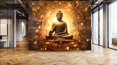 Spiritual background for meditation with buddha statue with galaxy universe background. Meditation on outer space background with glowing chakras Wall mural