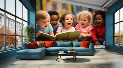 Three Delighted Toddlers Engaged in Story Time at a Preschool. Early Childhood Education and Joy of Reading Concept Wall mural