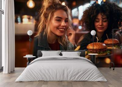 Two friends enjoying burgers and fries in a lively restaurant, sharing a fun and casual dining experience Wall mural